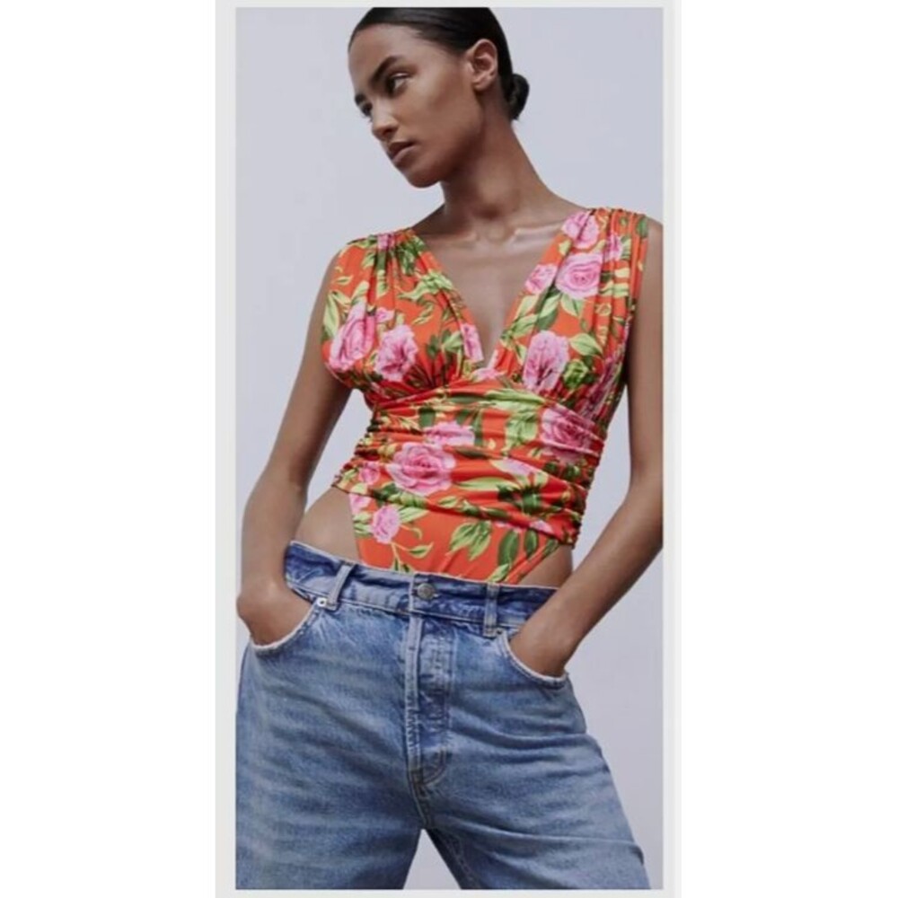 Zara Draped Floral Bodysuit Women Size M Red Pink Green V Neck